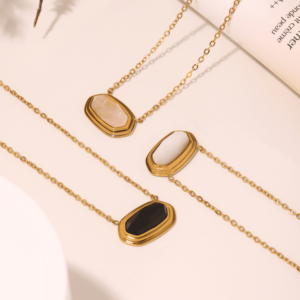 Oval Pendant Necklace with Black Onyx Inlay